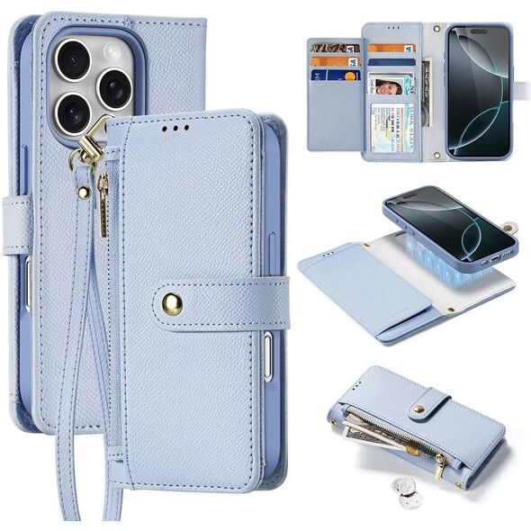 Etui skórzane do iPhone 16 Pro Max Dux Ducis Lawa z portfelem MagSafe Błękitne