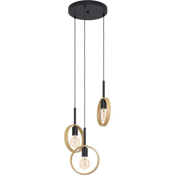 Pendant lamp EGLO Ipsden, 3 x E27, 40W, black/wood color, o30 x h130 cm