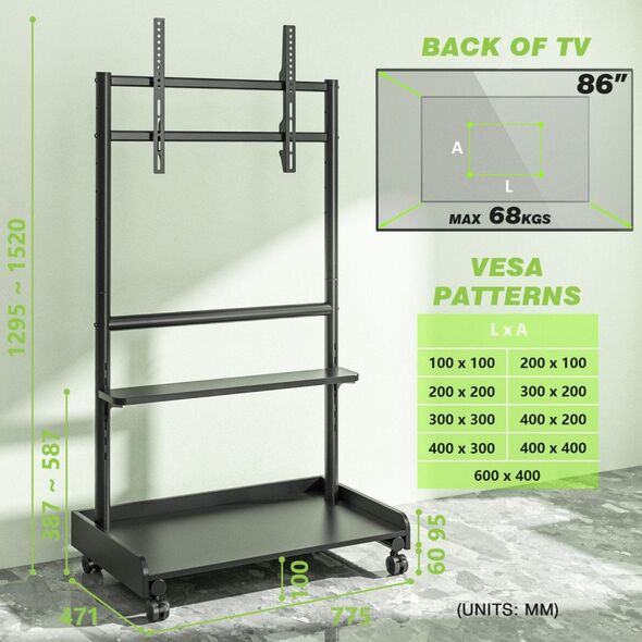 Stojak mobilny TV 50-86” do 68kg regulowany 2 półki AV