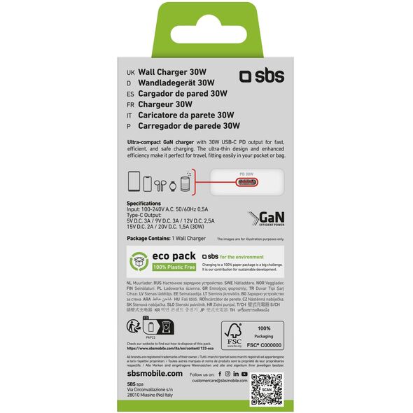 SBS PD Reiselader UltraSlim 30W USB-C GaN weiß