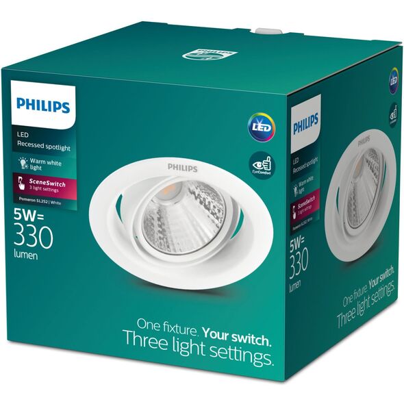 Recessed LED luminaire PHILIPS POMERON SCENE SWITCH, 5 W, 2700 K, 330 lm, dimmable O9 cm