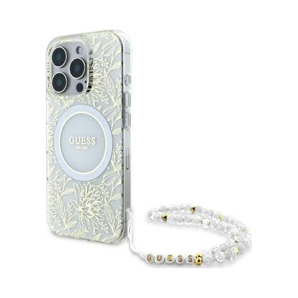 Guess Guess GUHMP16LHCPOFPH iPhone 16 Pro 6.3" biały/white hardcase IML Flowers Allover Electro With Pearl Strap MagSafe