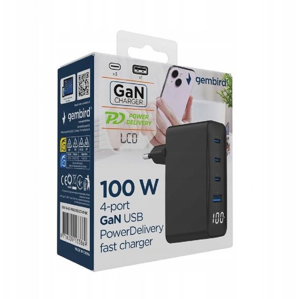 Ładowarka uniwersalna 100W GaN 1xUSB-A 3xUSB-C szybkie ładowanie LCD czarna