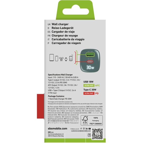 Φορτιστής Τοίχου SBS LCD USB-A USB-C LCD 30 W γαλάζιο - Ladetajs