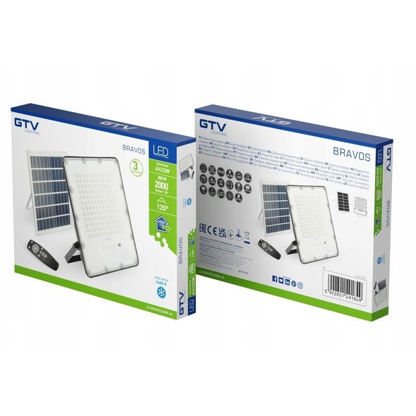 LED προβολέας GTV BRAVOS με ηλιακή ενέργεια, IP65, 200W, 6400K, 2000lm, 120 μοίρες, με τηλεχειριστήριο