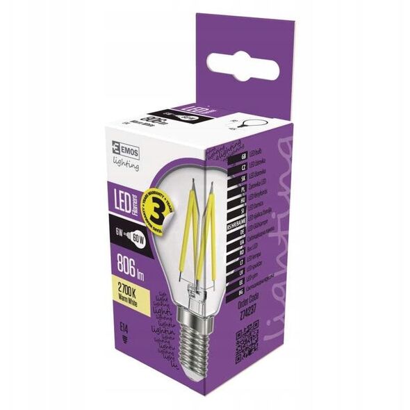 Emos Żarówka LED Emos Z74237 filament mini globe 6W E14 230V 2700K 806lm ciepła biel