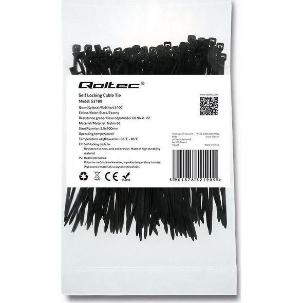 Organizer Qoltec Opaska zaciskowa Czarny 100 sztuk  (52190)