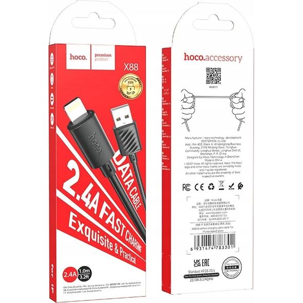 Kabel USB Hoco HOCO kabel USB A do Lightning 2,4A X88 1 m czarny