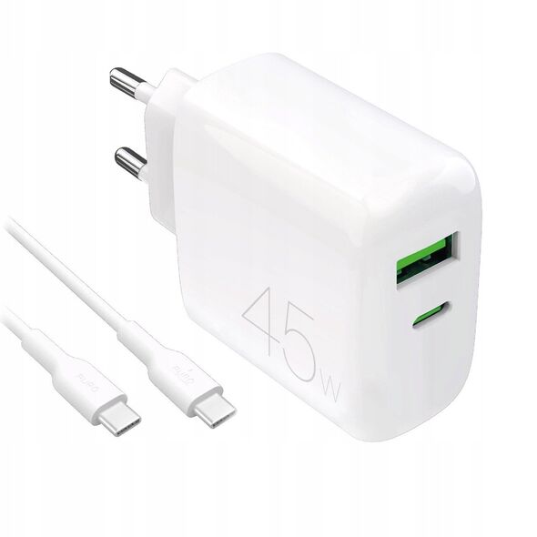 Φορτιστής Puro Daily Prolite 45W USB-C USB-A Power Delivery με καλώδιο USB-C - λευκή