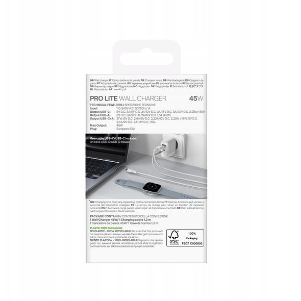 Φορτιστής Puro Daily Prolite 45W USB-C USB-A Power Delivery με καλώδιο USB-C - λευκή