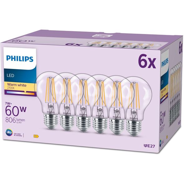 Philips LED classic Lampe 60W E27 Warmweiß 806lm matt 6er P
