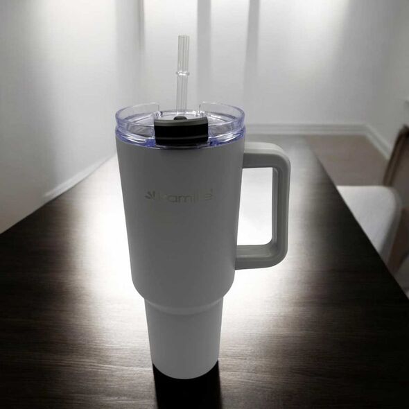 Kamille STALOWY KUBEK TERMICZNY TERMOS 1200ml Z RĄCZKĄ I SŁOMKĄ KM-2173
