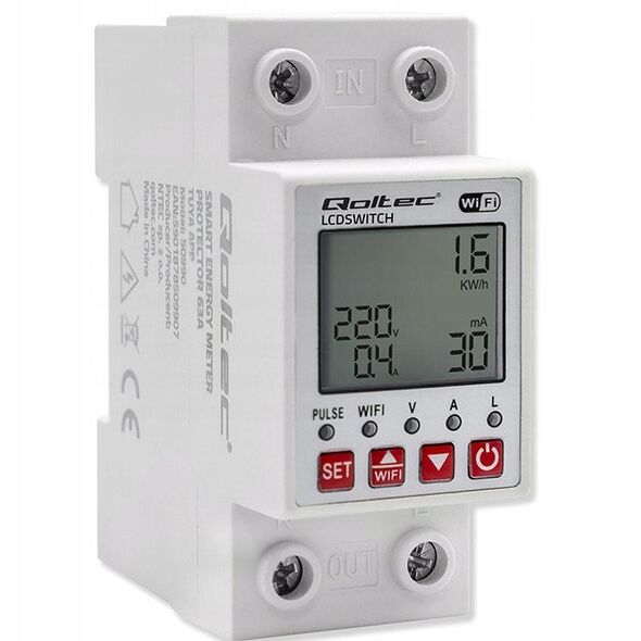 Qoltec Przekaźnik 63A na szynę DIN z licznikiem energii elektrycznej | Timer | Tuya | Wi-Fi | LED