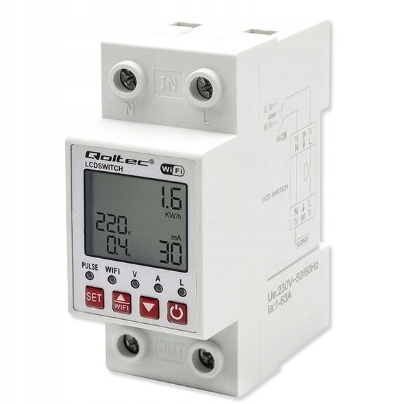 Qoltec Przekaźnik 63A na szynę DIN z licznikiem energii elektrycznej | Timer | Tuya | Wi-Fi | LED
