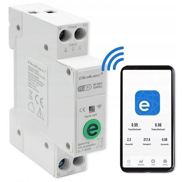 Qoltec Przekaźnik 63A na szynę DIN z licznikiem energii elektrycznej | eWeLink od Sonoff | Wi-Fi | Dioda LED