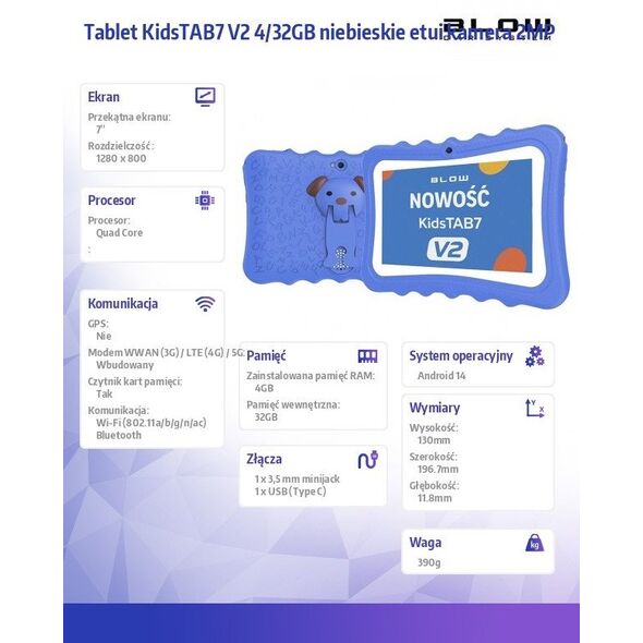 Tablet KidsTAB7 V2 4/32GB niebieskie etui kamera 2MP