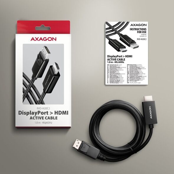 AXAGON RVD-HI20C2, DisplayPort -> HDMI 2.0b konwerter / kabel 1.8m, 4K/60Hz
