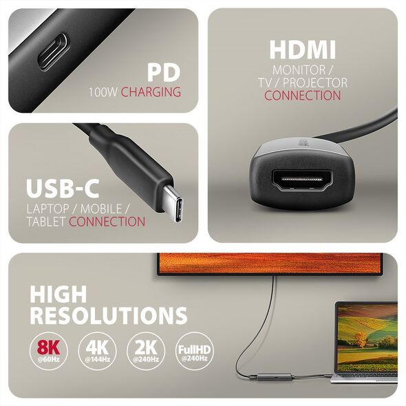 AXAGON RVC-HI8KPD, USB-C -> HDMI 2.1 konwerter / adapter, 8K/60Hz, 4K/144Hz, HDR10+, PD100W
