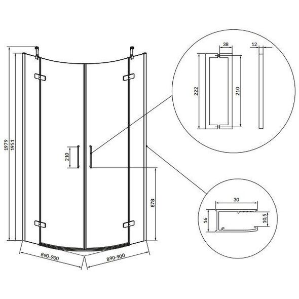 ΗΜΙΚΥΚΛΙΚΗ ΚΑΜΠΙΝΑ ΝΤΟΥΖΙΕΡΑΣ CITY CHROM 90X90X195 ΔΙΑΦΑΝΕΣ ΓΥΑΛΙ