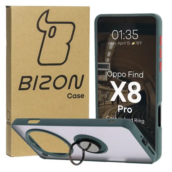 Etui z uchwytem na palec Bizon Case Hybrid Ring do Oppo Find X8 Pro przydymione z ciemnozieloną ramką