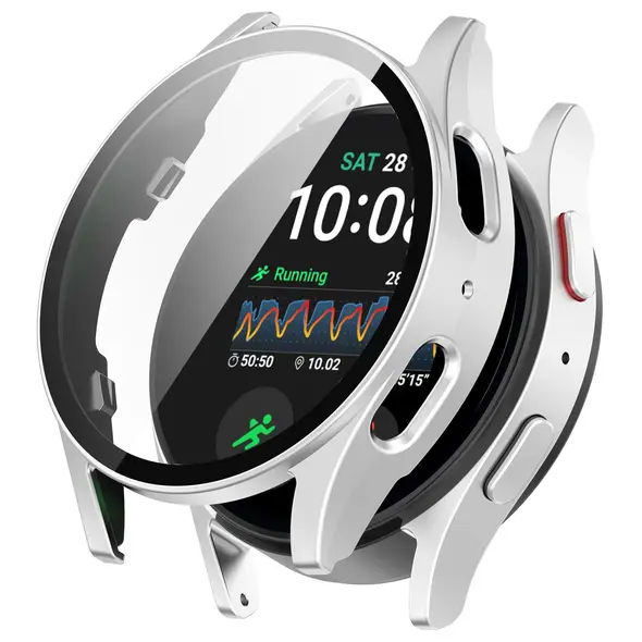 Etui ze szkłem do zegarka Bizon Case+Glass Watch do Samsung Galaxy Watch 7 44 mm satynowo srebrne