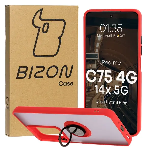 Etui z uchwytem na palec Bizon Case Hybrid Ring do Realme C75 4G / 14x 5G przydymione z czerwoną ramką