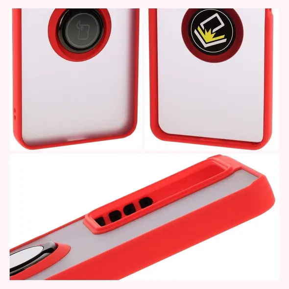 Etui z uchwytem na palec Bizon Case Hybrid Ring do Realme C75 4G / 14x 5G przydymione z czerwoną ramką