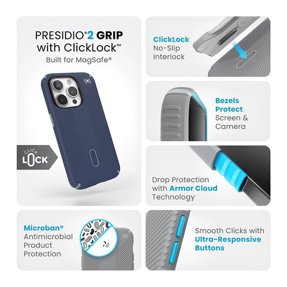 Etui Speck Presidio2 Grip ClickLock & MagSafe Apple iPhone 15 Pro (Coastal Blue/Dust Grey)
