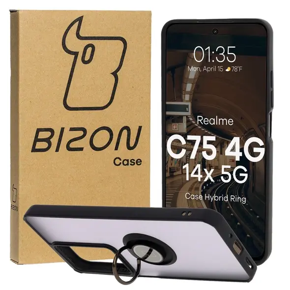 Etui z uchwytem na palec Bizon Case Hybrid Ring do Realme C75 4G / 14x 5G przydymione z czarną ramką
