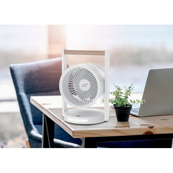 WENTYLATOR BIURKOWY Z DREWNIANĄ RĄCZKĄ, POZIOMY PRĘDKOŚCI, Z LAMPKĄ NOCNĄ, WYŚWIETLACZ, WSKAŹNIK NAŁDAOWANIA , LADOWANIE USB C, 10W, 3600 mAh,6,4"