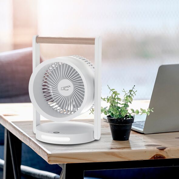 WENTYLATOR BIURKOWY Z DREWNIANĄ RĄCZKĄ, POZIOMY PRĘDKOŚCI, Z LAMPKĄ NOCNĄ, WYŚWIETLACZ, WSKAŹNIK NAŁDAOWANIA , LADOWANIE USB C, 10W, 3600 mAh,6,4"
