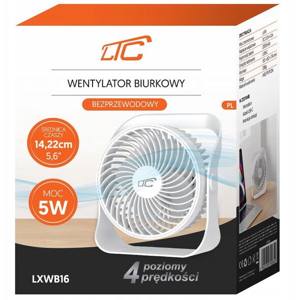 WENTYLATOR BIURKOWY, ŁADOWANIE USB C, 5W, 2000MAH, WYMIARY 153X82X174MM, 4 POZIOMY PRĘDKOŚCI,5,6"