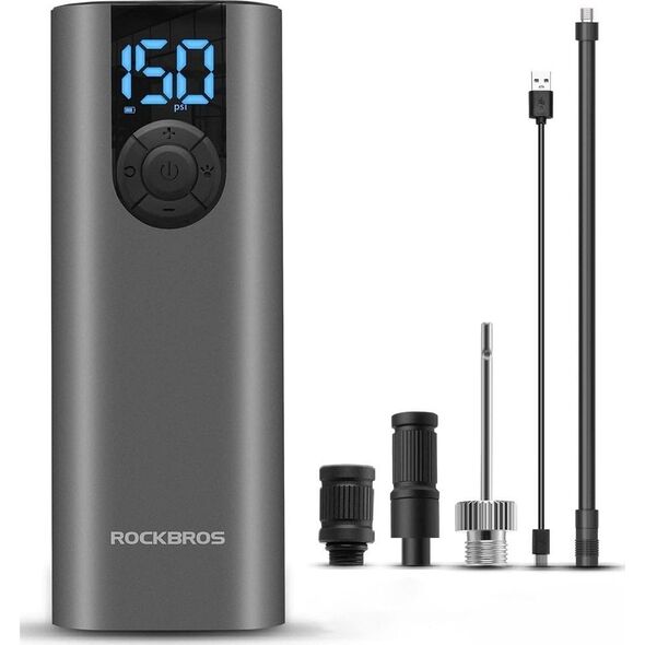 RockBros Elektryczna pompka rower motor auto piłka 10 bar z wyświetlaczem LED + kabel USB-C czarna Elektryczna pompka rower motor auto piłka 10 bar z wyświetlaczem LED + kabel USB-C czarna