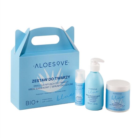 ALOESOVE_SET Μπλε γαλάκτωμα καθαρισμού προσώπου 190ml + οκλειστικός ορός προσώπου 30ml + προστατευτική κρέμα για πρόσωπο και σώμα 250ml