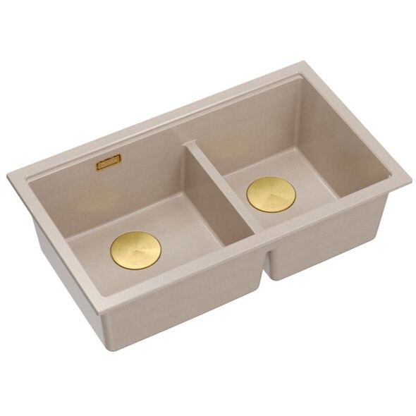 GraniteQ | LOGAN 120 | γρανιτένιος νεροχύτης κουζίνας PEARL BEIGE + ΧΡΥΣΟ PVD | διάσταση: 76 x 45 x 23,5 cm | 2-θέσιος υποκαθήμενος | υποδομή ντουλαπιού από: 80 cm