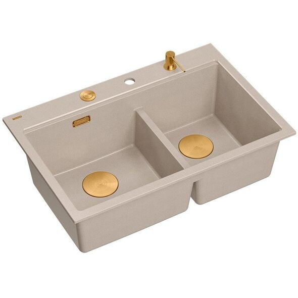 MARC 120 WORKSTATION GraniteQ νεροχύτης 2-θέσεων 760*500*235 mm pearl beige + σιφόνι push to open + δοσομετρητής + σανίδα + ένθετο / χάλκινα στοιχεία