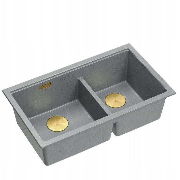 QUADRON | LOGAN 120 | γρανιτένιος νεροχύτης κουζίνας SILVER STONE + ZŁOTO PVD | διάσταση: 76 x 45 x 23,5 cm | 2-θέσιος υποκαθήμενος | ελάχιστο πλάτος ντουλαπιού: 80 cm