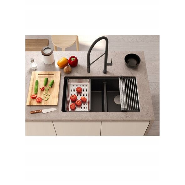 QUADRON | LOGAN 120 | γρανιτένιος νεροχύτης κουζίνας SILVER STONE + ZŁOTO PVD | διάσταση: 76 x 45 x 23,5 cm | 2-θέσιος υποκαθήμενος | ελάχιστο πλάτος ντουλαπιού: 80 cm