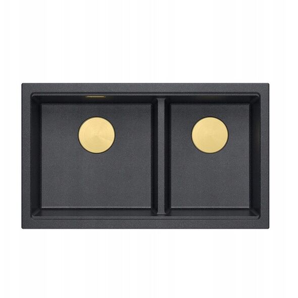 QUADRON | LOGAN 120 | γρανιτένιος νεροχύτης κουζίνας BLACK DIAMOND + ZŁOTO PVD | διάσταση: 76 x 45 x 23,5 cm | 2-θέσιος υποκαθήμενος | ελάχιστο πλάτος ντουλαπιού: 80 cm