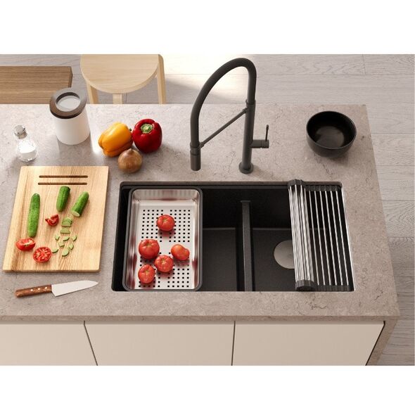 QUADRON | LOGAN 120 | γρανιτένιος νεροχύτης κουζίνας PURE CARBON + ΜΑΥΡΟ ΜΑΤ | διάσταση: 76 x 45 x 23,5 cm | 2-θέσιος υποκαθήμενος | υποδομή ντουλαπιού από: 80 cm