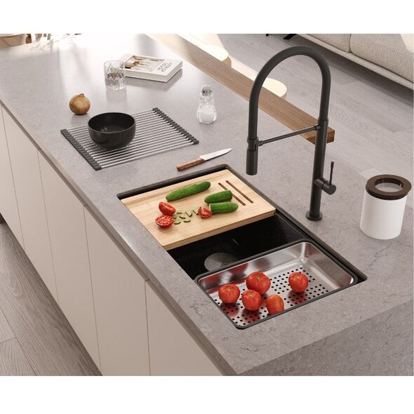 QUADRON | LOGAN 120 | γρανιτένιος νεροχύτης κουζίνας PURE CARBON + MIEDŹ PVD | διάσταση: 76 x 45 x 23,5 cm | 2-θέσιος υποκαθήμενος | βάση ντουλαπιού από: 80 cm