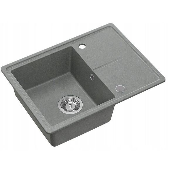 TONY 116 GraniteQ γρανιτένιος νεροχύτης silver stone (γκρι) 1-διαμερισμάτων με υπερχείλιση (60x45x18,5), με σιφόνι και καπάκι από ανοξείδωτο χάλυβα