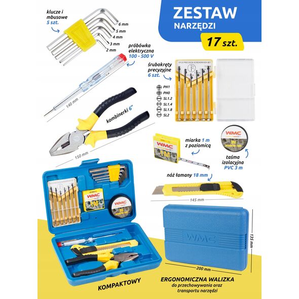 Zestaw narzędziowy 17 el. Kombinerki wk rętaki imbu
