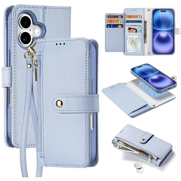 Etui skórzane do iPhone 16 Dux Ducis Lawa z portfelem MagSafe błękitne
