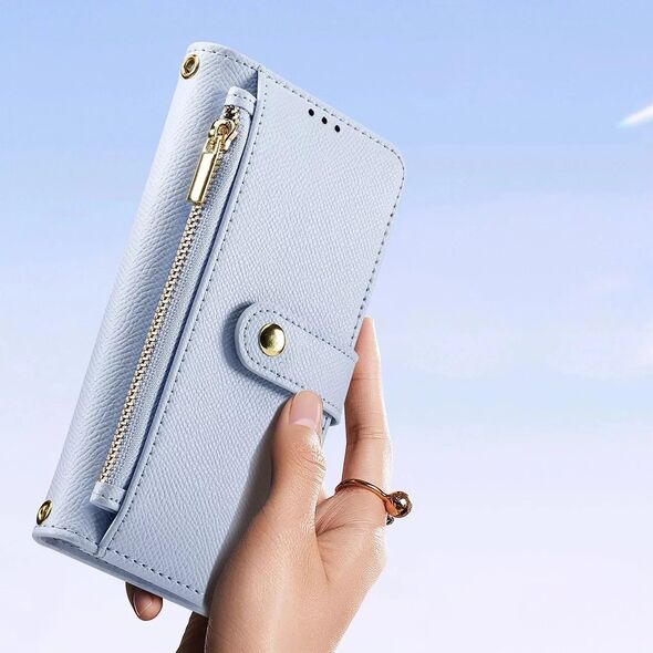 Etui skórzane do iPhone 16 Dux Ducis Lawa z portfelem MagSafe błękitne