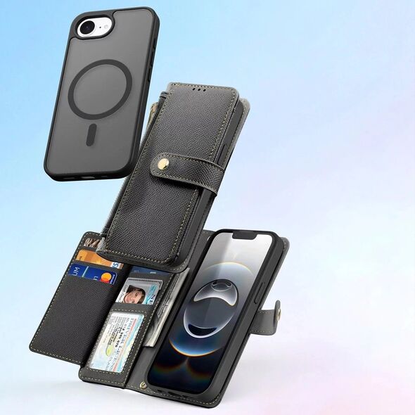 Etui skórzane do iPhone 16e Dux Ducis Lawa Black z portfelem MagSafe czarne