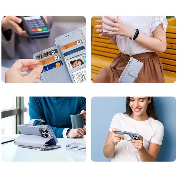 Etui skórzane do iPhone 16 Pro Dux Ducis Lawa z portfelem MagSafe błękitne