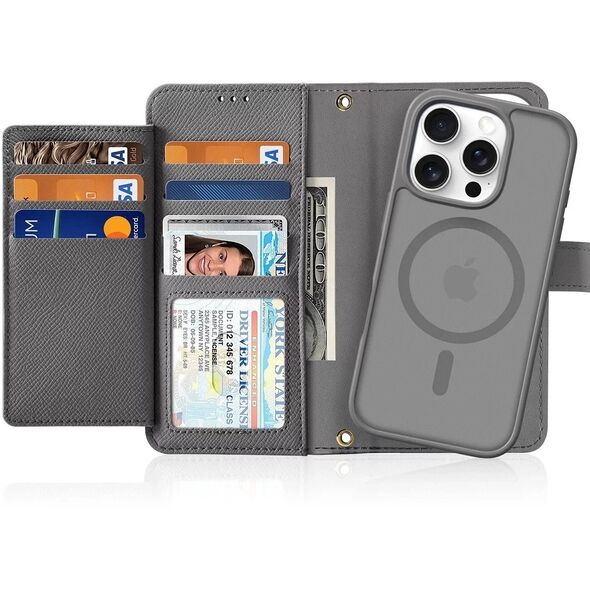 Etui skórzane do iPhone 16 Pro Dux Ducis Lawa z portfelem MagSafe szare