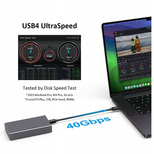 0 TB DataFlash USB4 SSD, περίβλημα για NVMe PCIe SSD USB4 (40 Gbit/s), συμβατό με Thunderbolt 3&4 και USB4 & USB-C θύρες, USB4 (USB-C) ομοαξονικό καλώδιο, 2'800 MB/s, USB-C