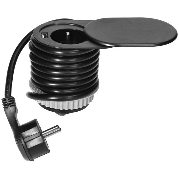 Gniazdo meblowe ?6cm, wpuszczane w blat z przesuwną pokrywką, ładowarką USB i przewodem 1,9m, 1x2P+Z, 1xUSB (2,4A), 3x1mm?, czar